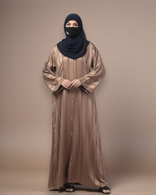 Front Open Abaya in Zoom Elegance Fabric – White Stripes & Modern Grace