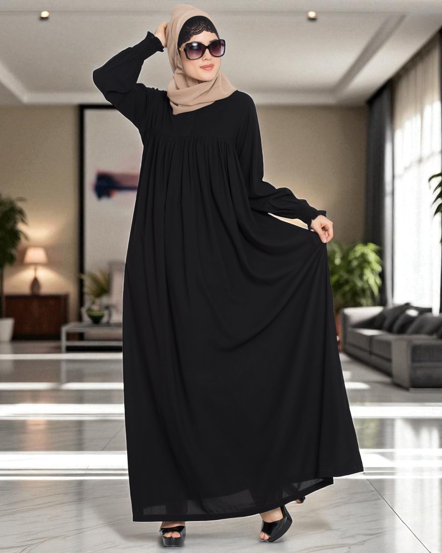 Loose From Chest| Arabian Abaya With Gather and Smocky Sleeves.