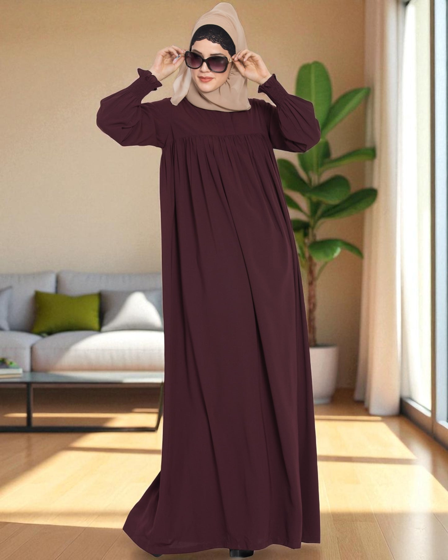 Loose From Chest| Arabian Abaya With Gather and Smocky Sleeves.