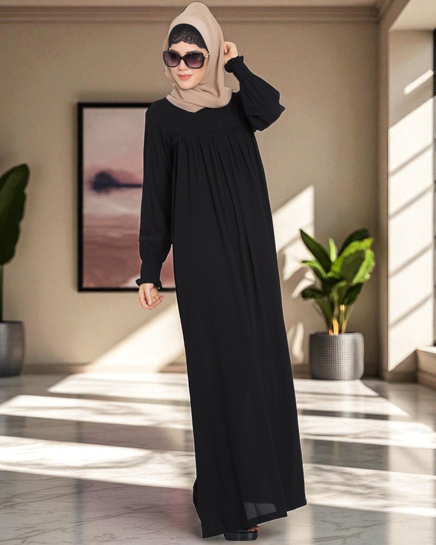 Loose From Chest| Arabian Abaya With Gather and Smocky Sleeves.