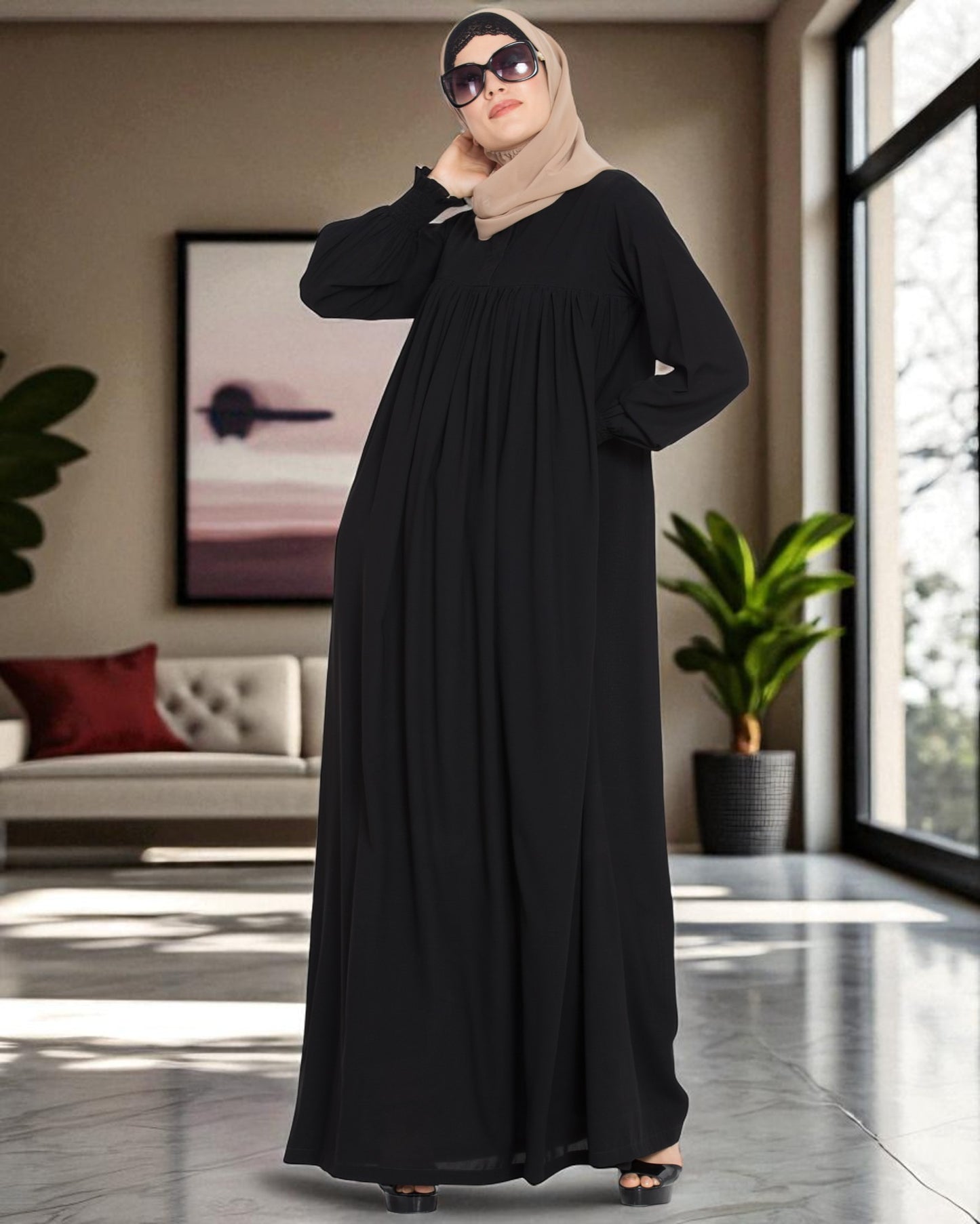 Loose From Chest| Arabian Abaya With Gather and Smocky Sleeves.