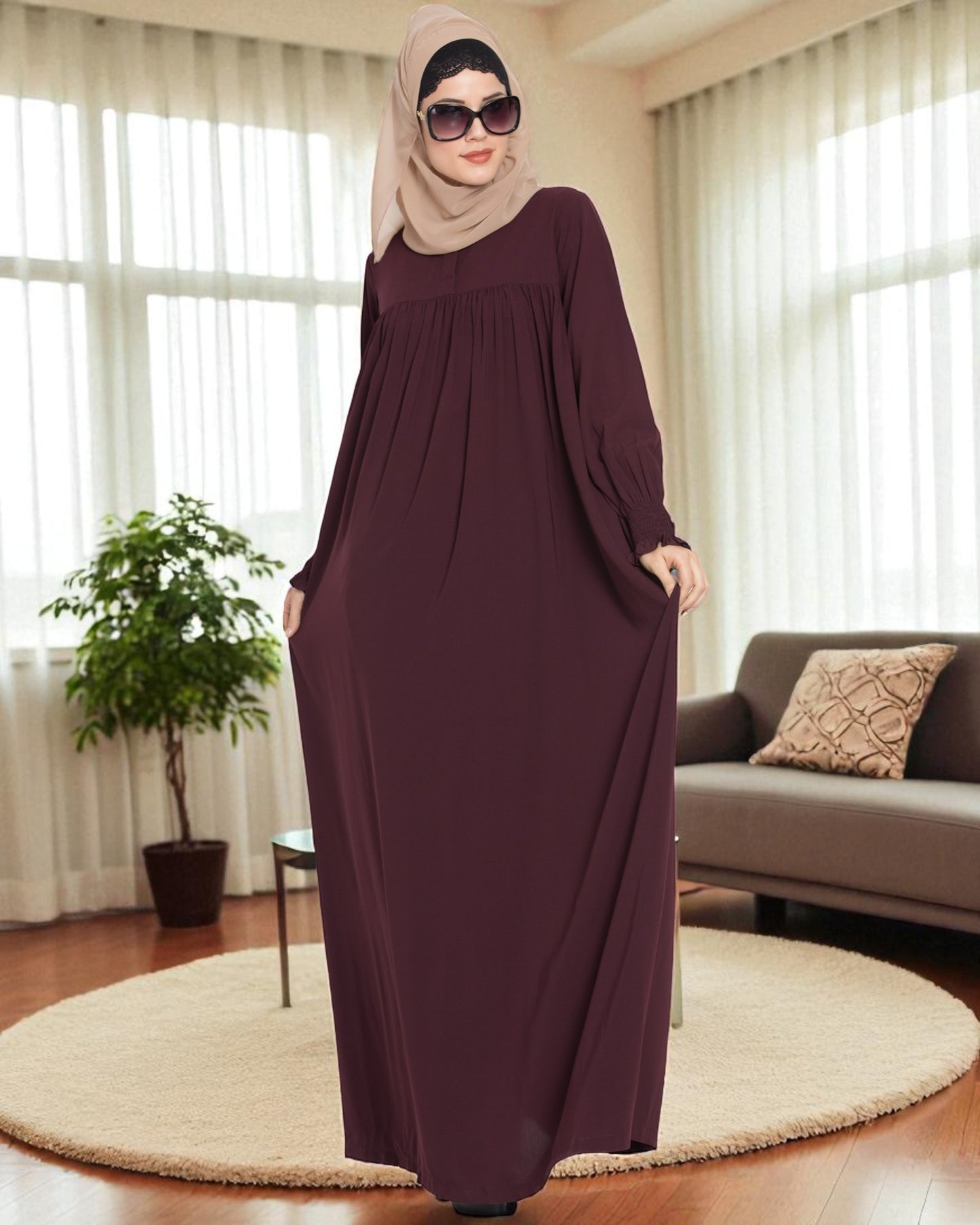 Loose From Chest| Arabian Abaya With Gather and Smocky Sleeves.