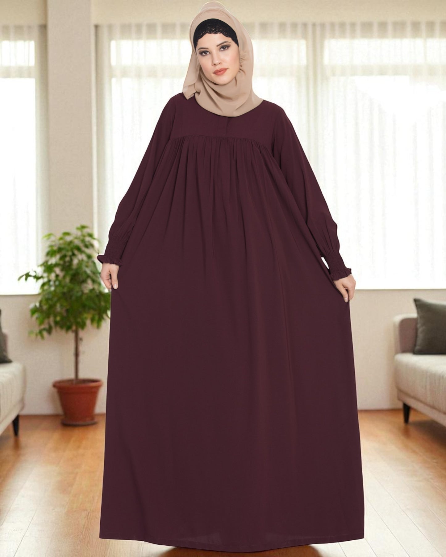 Loose From Chest| Arabian Abaya With Gather and Smocky Sleeves.