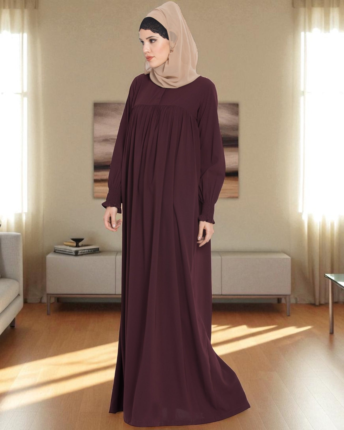 Loose From Chest| Arabian Abaya With Gather and Smocky Sleeves.