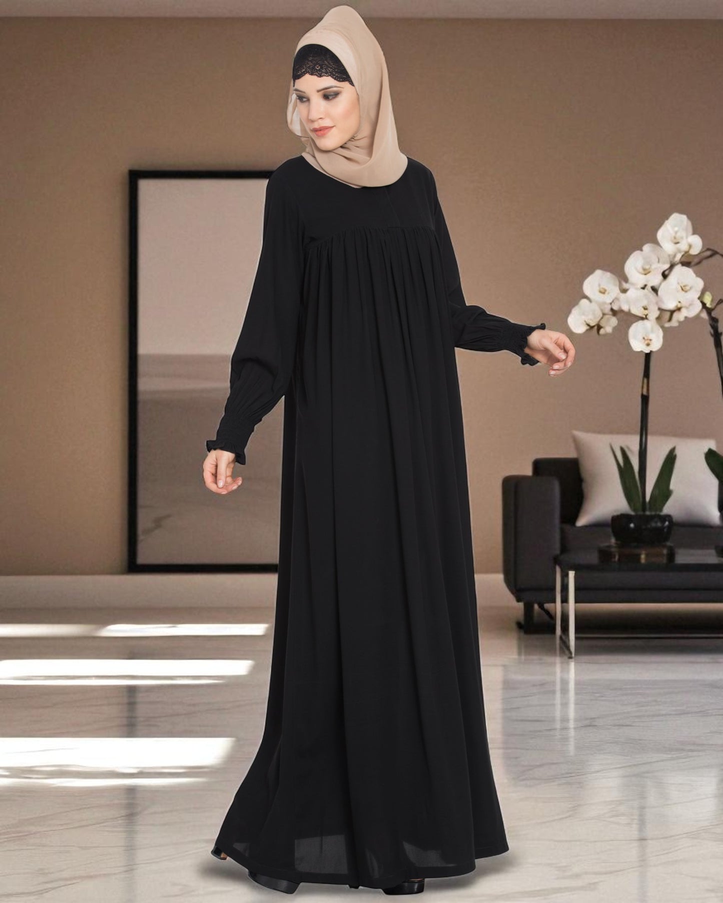 Loose From Chest| Arabian Abaya With Gather and Smocky Sleeves.