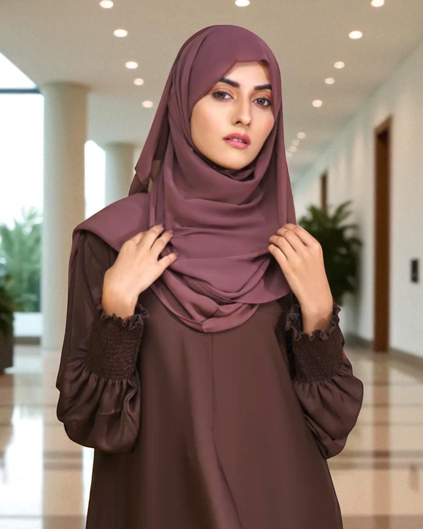 Closed A-Line Abaya with Smocky Sleeves - Side Pockets - Basic Design - Daily Wear Abaya - Complementary Hijab
