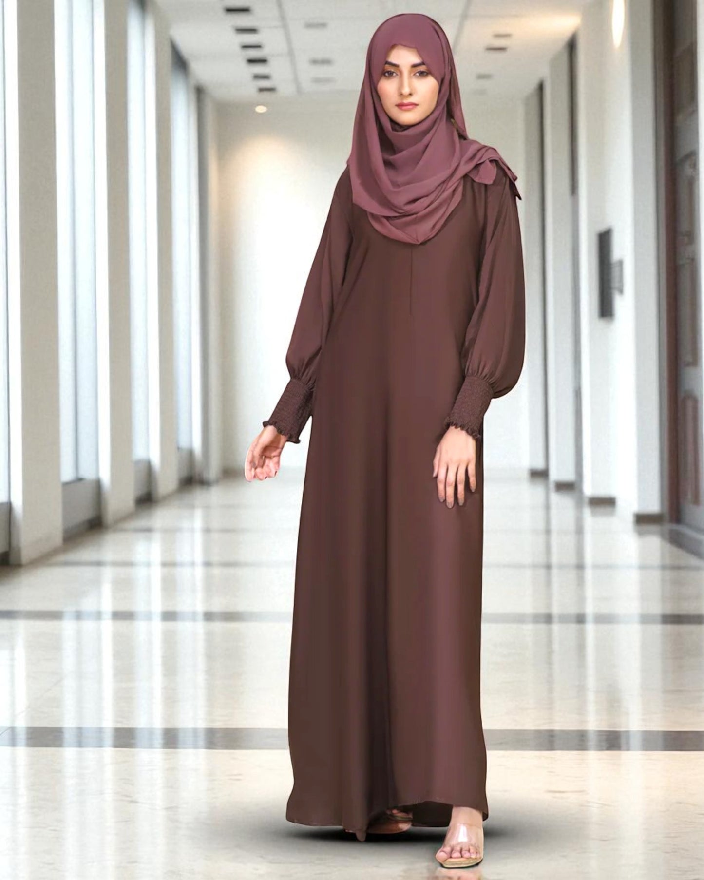 Closed A-Line Abaya with Smocky Sleeves - Side Pockets - Basic Design - Daily Wear Abaya - Complementary Hijab