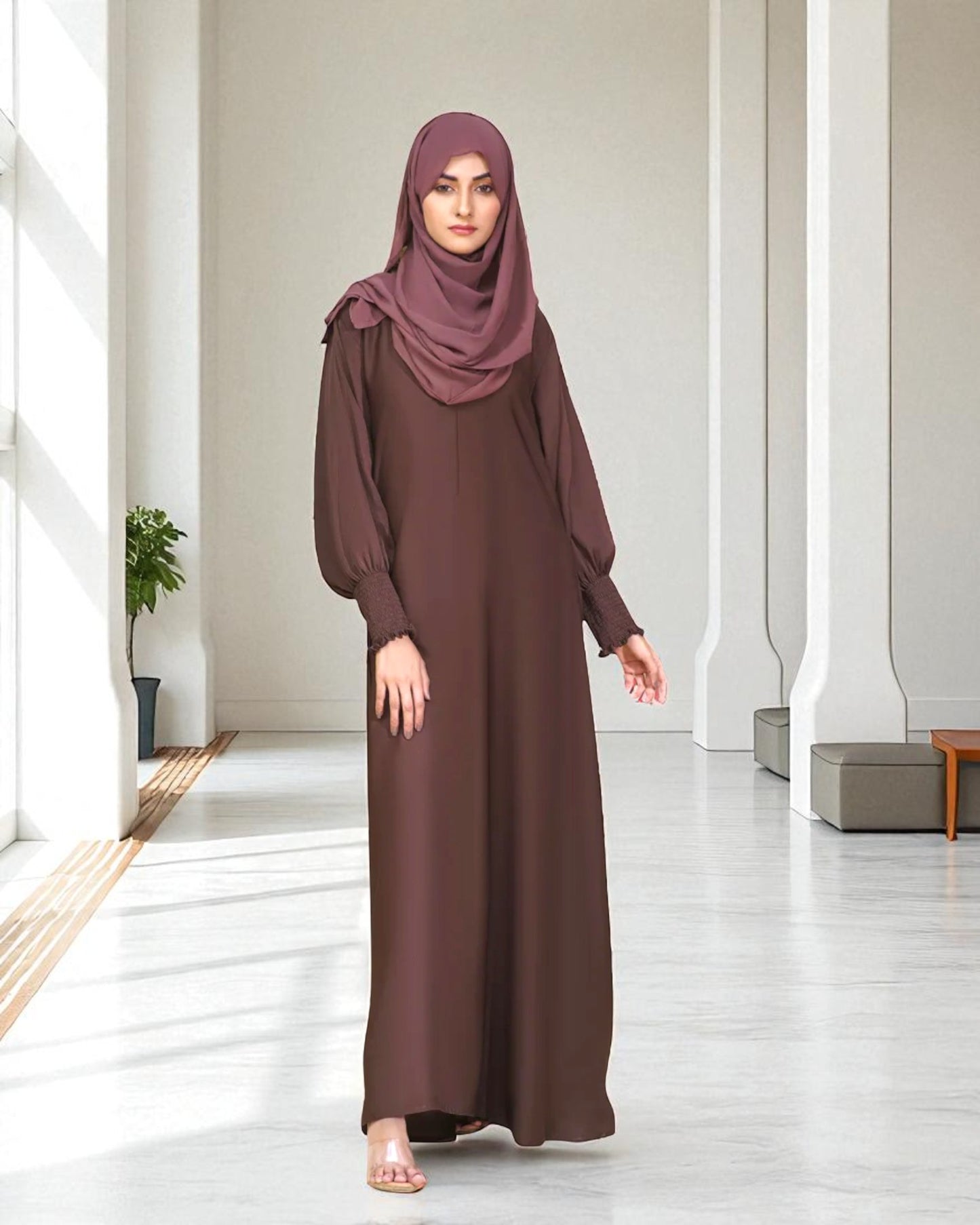 Closed A-Line Abaya with Smocky Sleeves - Side Pockets - Basic Design - Daily Wear Abaya - Complementary Hijab