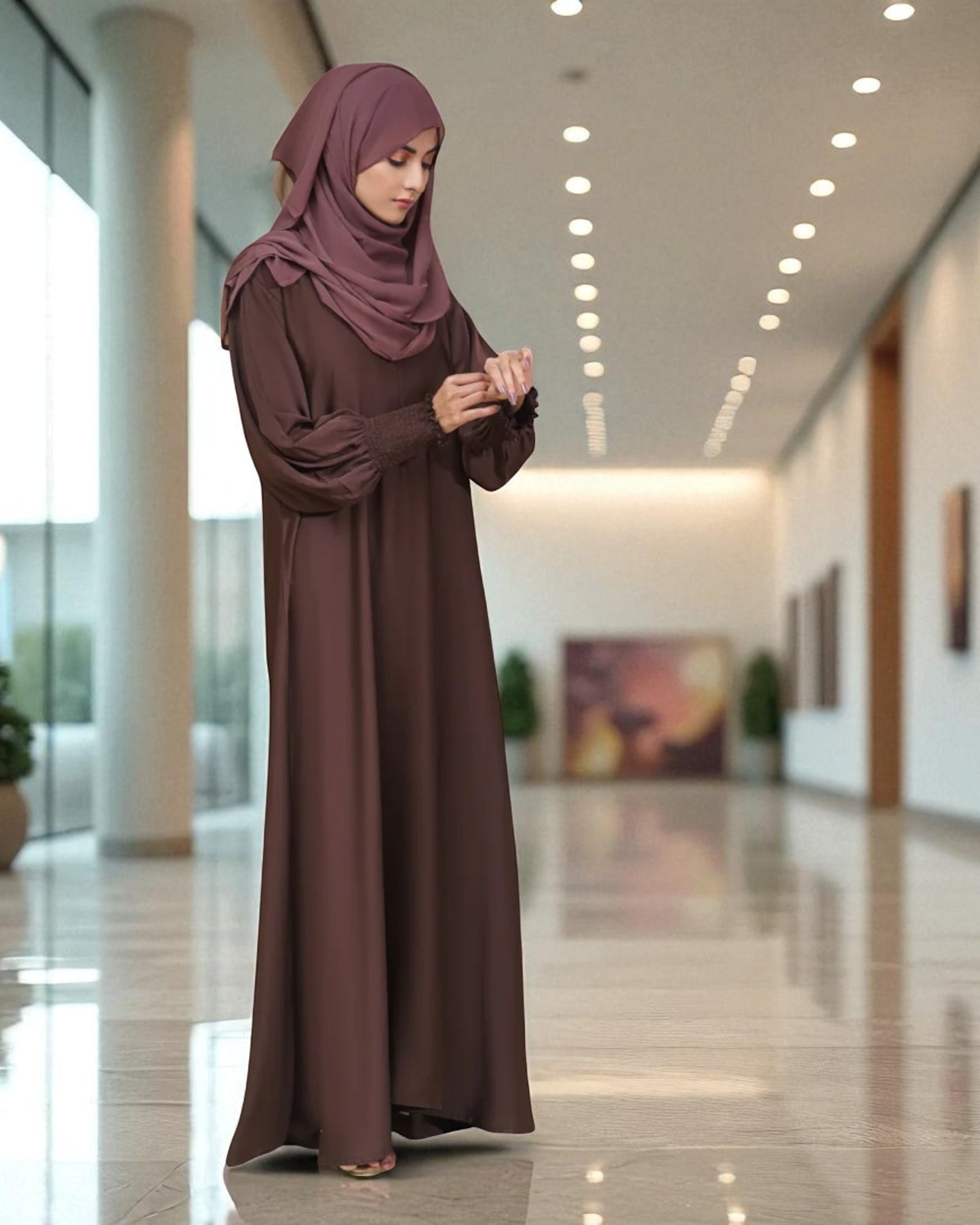 Closed A-Line Abaya with Smocky Sleeves - Side Pockets - Basic Design - Daily Wear Abaya - Complementary Hijab