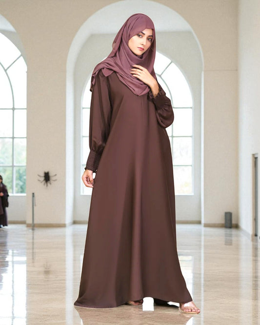 Closed A-Line Abaya with Smocky Sleeves - Side Pockets - Basic Design - Daily Wear Abaya - Complementary Hijab