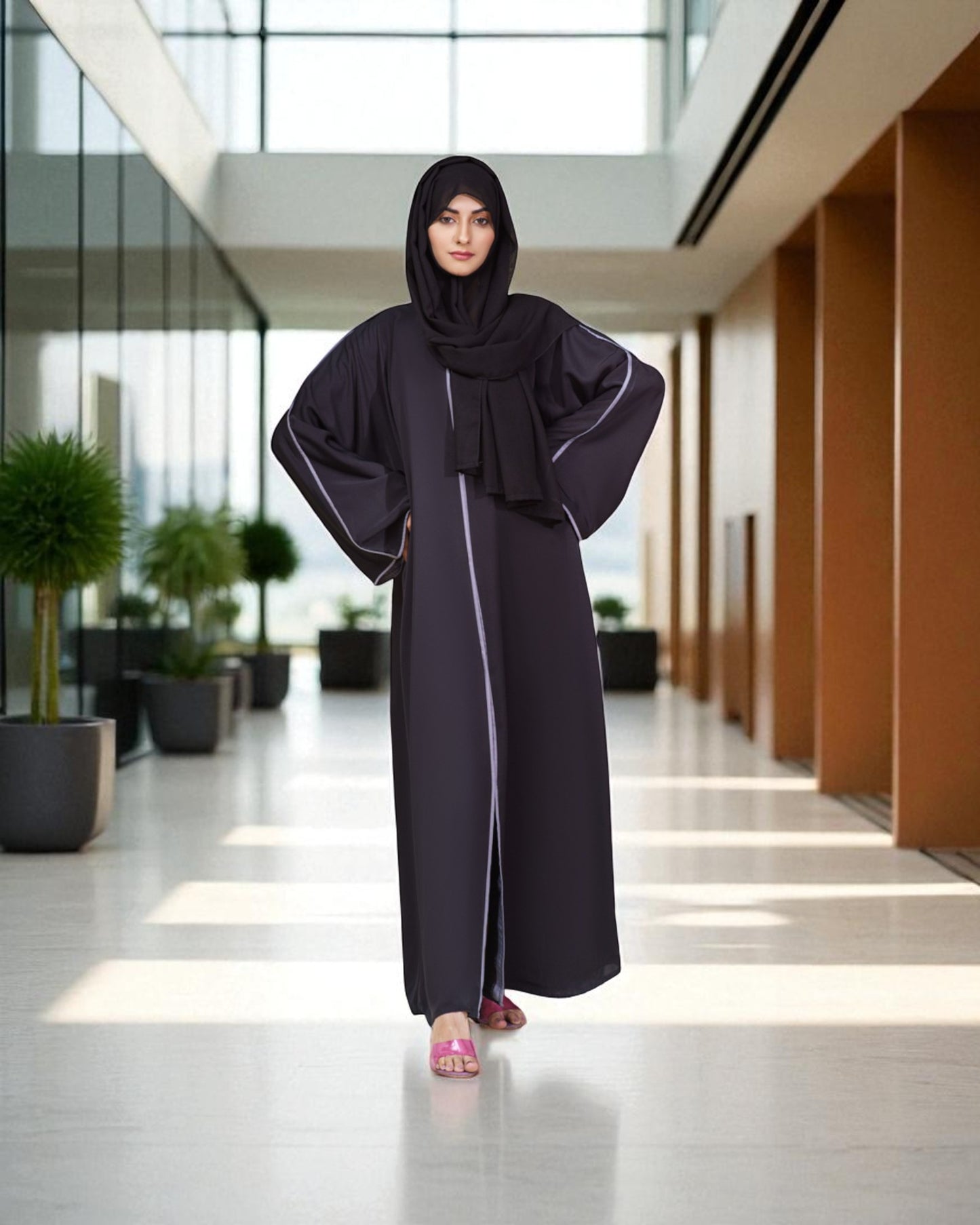 Front Open Abaya with Long Zipper and Contrast Piping - Wide Sleeves - Side Pockets - Complementary Hijab