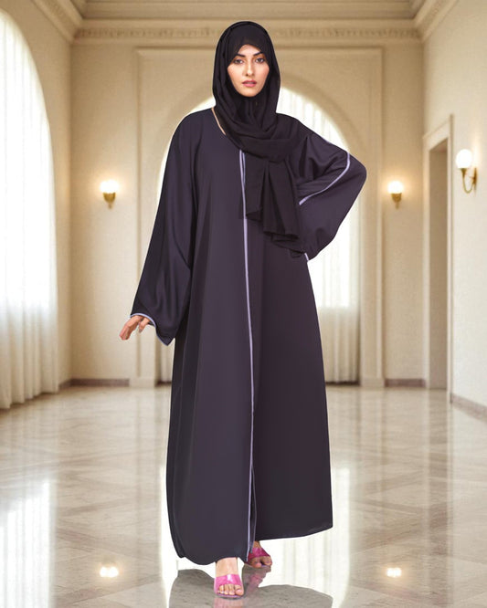 Front Open Abaya with Long Zipper and Contrast Piping - Wide Sleeves - Side Pockets - Complementary Hijab