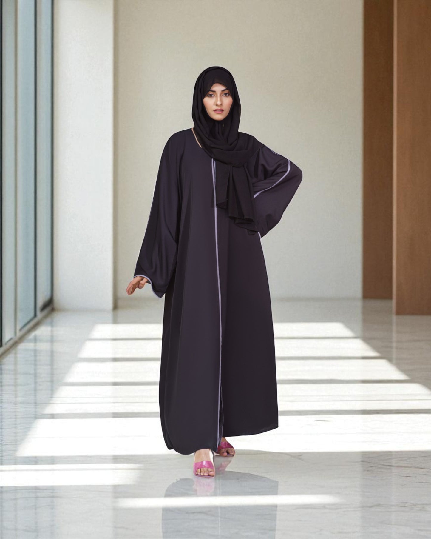 Front Open Abaya with Long Zipper and Contrast Piping - Wide Sleeves - Side Pockets - Complementary Hijab