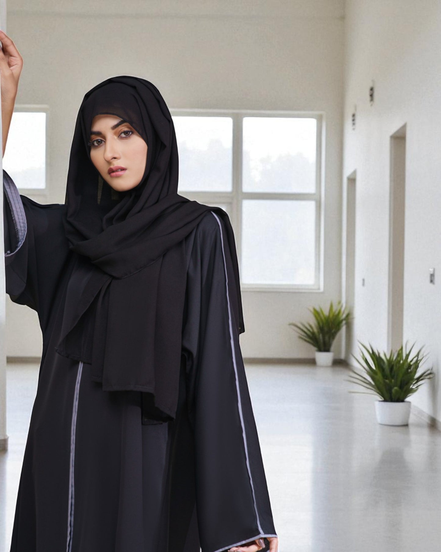 Front Open Abaya with Long Zipper and Contrast Piping - Wide Sleeves - Side Pockets - Complementary Hijab