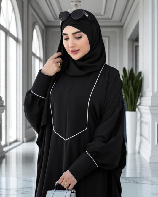 Free Size Kaftan Abaya with Cuffed Sleeves and Contrast Buttons - Piping Design - Concealed Zipper - Luxurious Firdaus Fabric - Matching Hijab