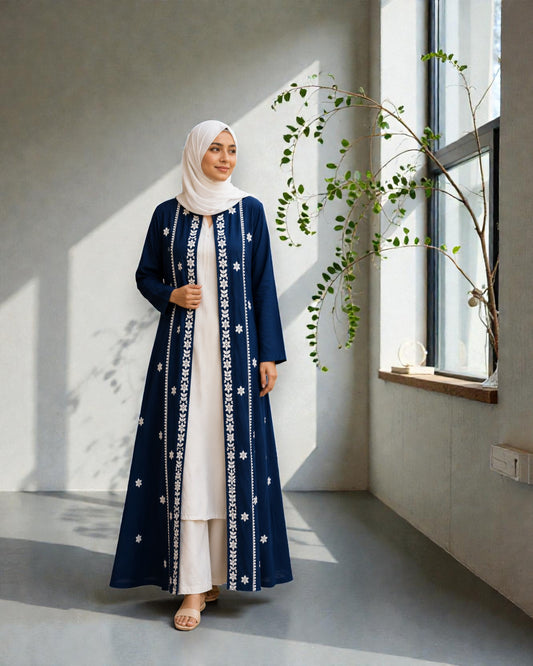 Chikankari Abaya With Front Open Design in Rayon Fabric