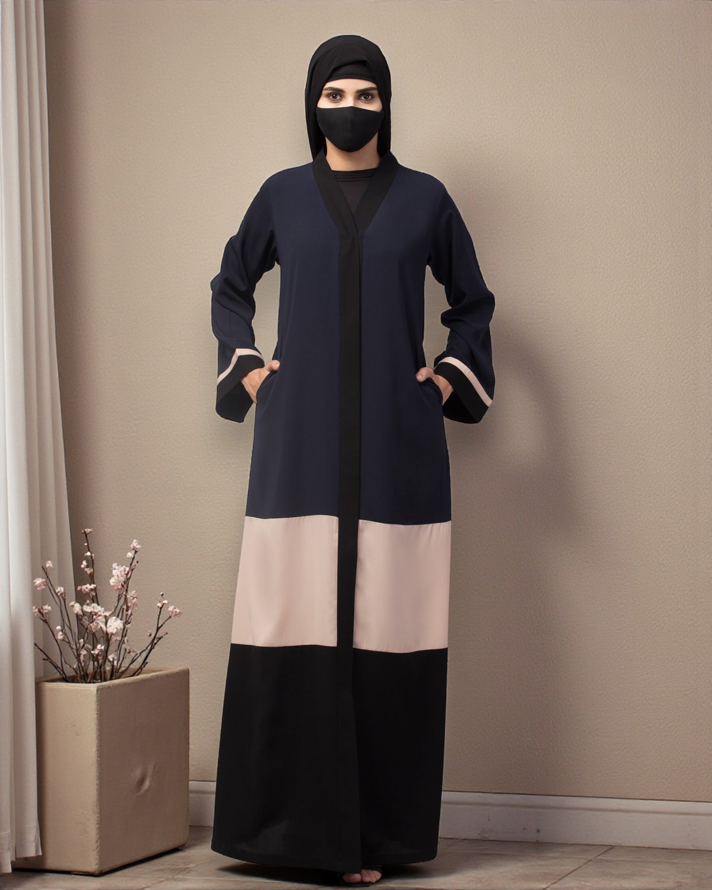 Color-Blaocked Open Abaya.