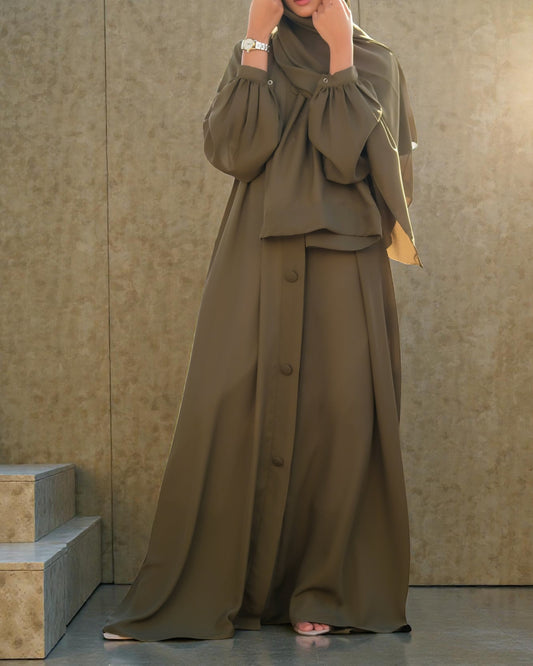 Front Open Abaya in Firdaus Fabric with Balloon Sleeves, Fabric Buttons & Side Pockets