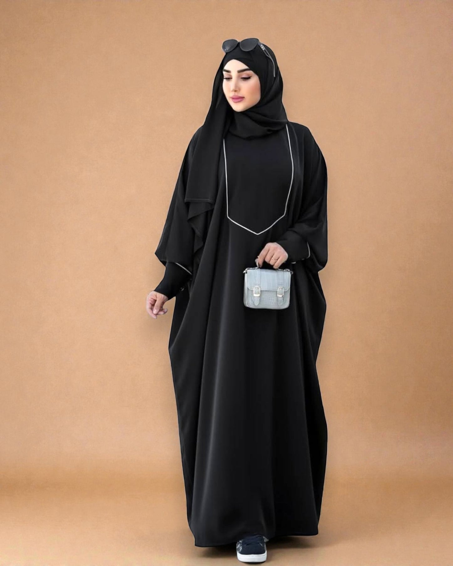 Free Size Kaftan Abaya with Cuffed Sleeves and Contrast Buttons - Piping Design - Concealed Zipper - Luxurious Firdaus Fabric - Matching Hijab