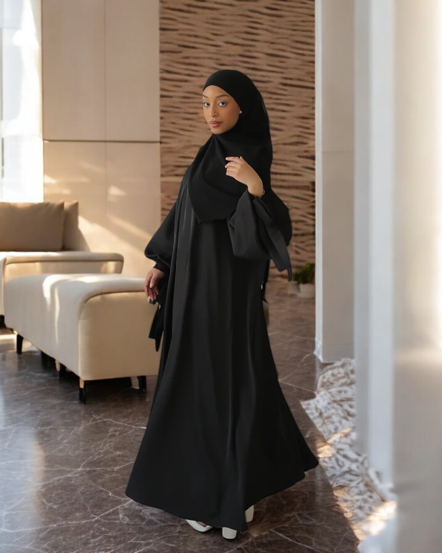 Extra Flare Nida Satin Abaya with Designer Sleeves