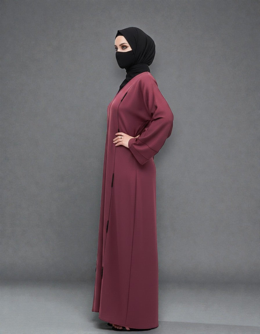 Closed Mahram Abaya with Piping Design and Beadwork in Premium Tiktok Fabric