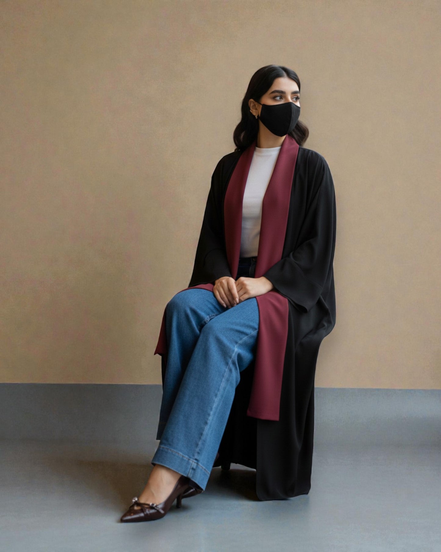 Shrug Like Abaya in Firdaus Fabric without Buttons - Contrast Color Panels - Side Pockets - Wide Sleeves - V-Neck - Complementary Hijab