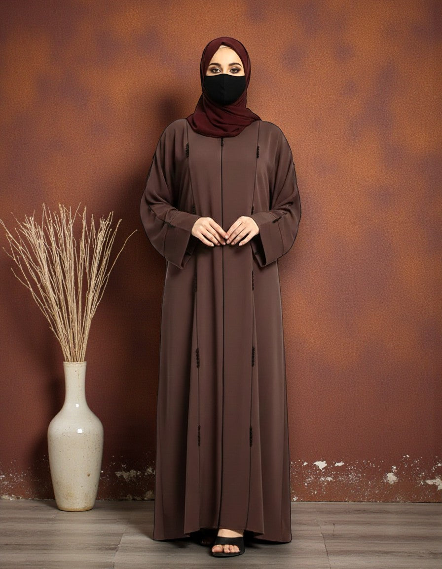 Closed Mahram Abaya with Piping Design and Beadwork in Premium Tiktok Fabric