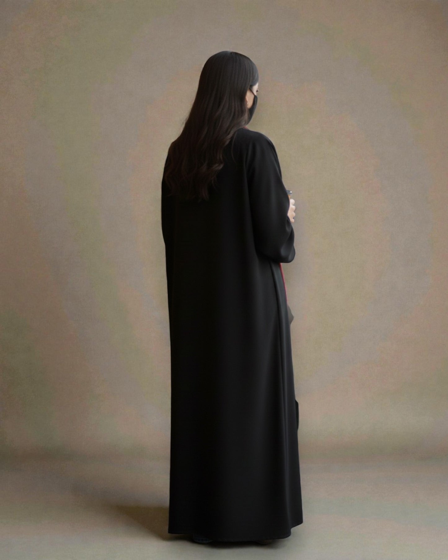 Shrug Like Abaya in Firdaus Fabric without Buttons - Contrast Color Panels - Side Pockets - Wide Sleeves - V-Neck - Complementary Hijab