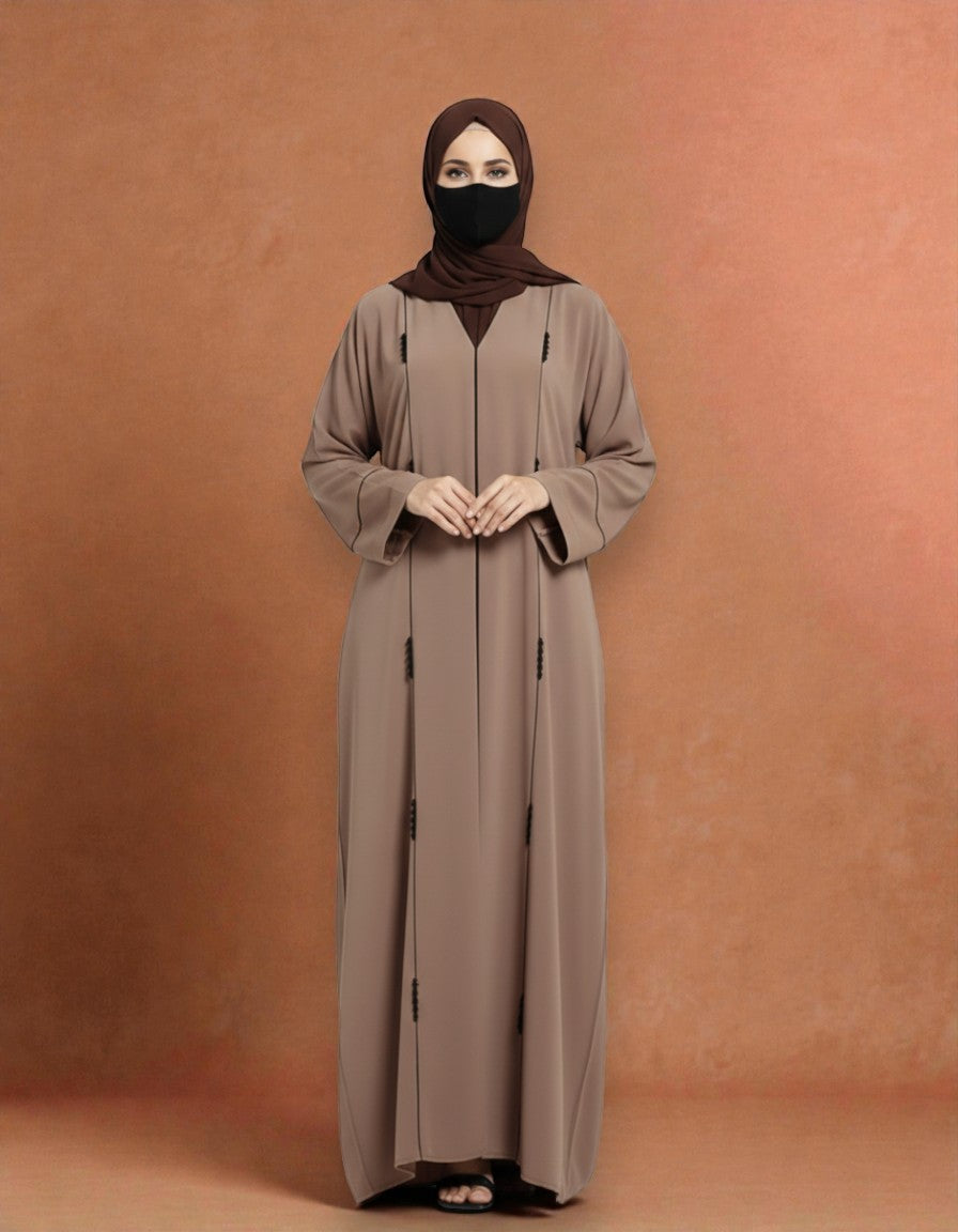 Closed Mahram Abaya with Piping Design and Beadwork in Premium Tiktok Fabric