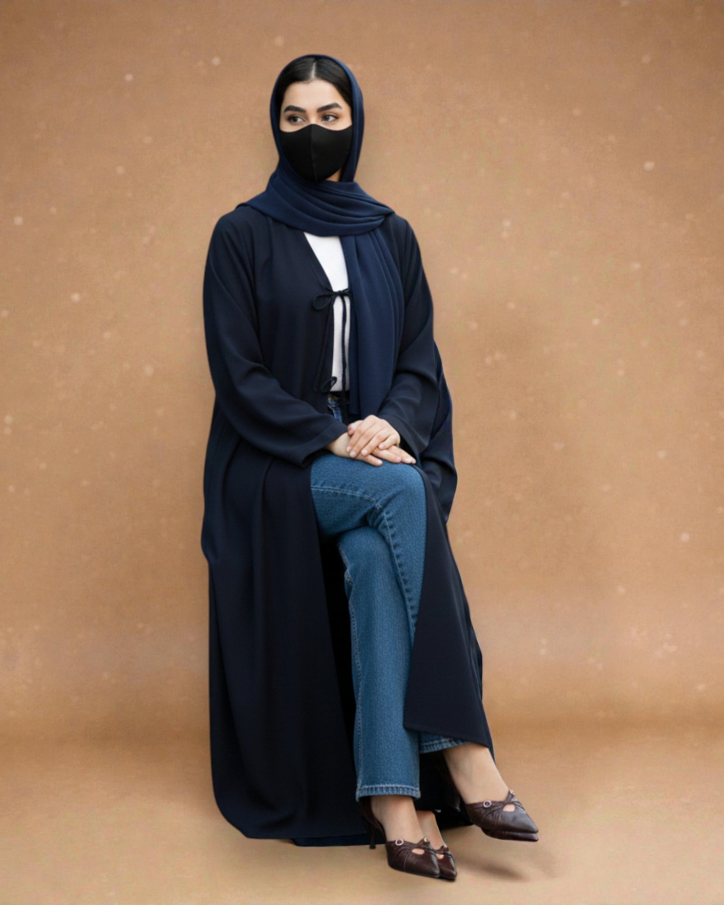 Shrug Like Abaya in Firdaus Fabric without Buttons - Ribbons to Tie and Close - Side Pockets - Wide Sleeves - V-Neck - Complementary Hijab