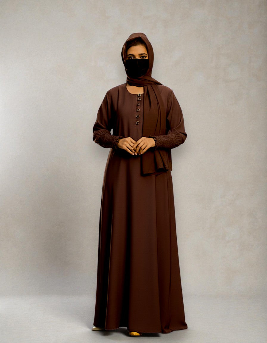 Closed Abaya with Extra Flare - Fabric Buttons - Smocky Sleeves - Premium Tiktok Fabric - Complementary Hijab - Side Pockets