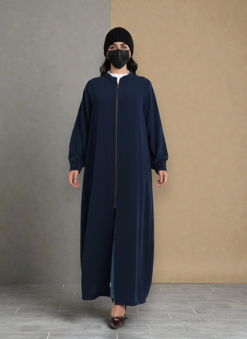 Front Open Abaya with Full Zipper in Firdaus Fabric - Elasticated Sleeves - Side Pockets - Complementary Hijab