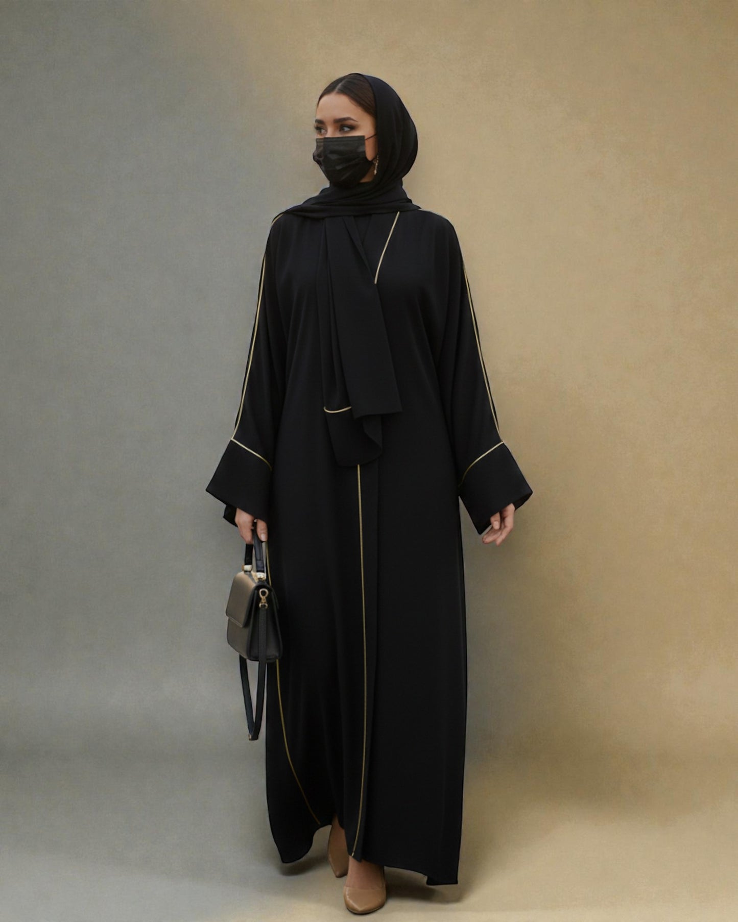 Front Open Abaya with Piping Design - Firdaus Fabric - Wide Sleeves with Contrast Piping - Side Pockets - Complementary Hijab