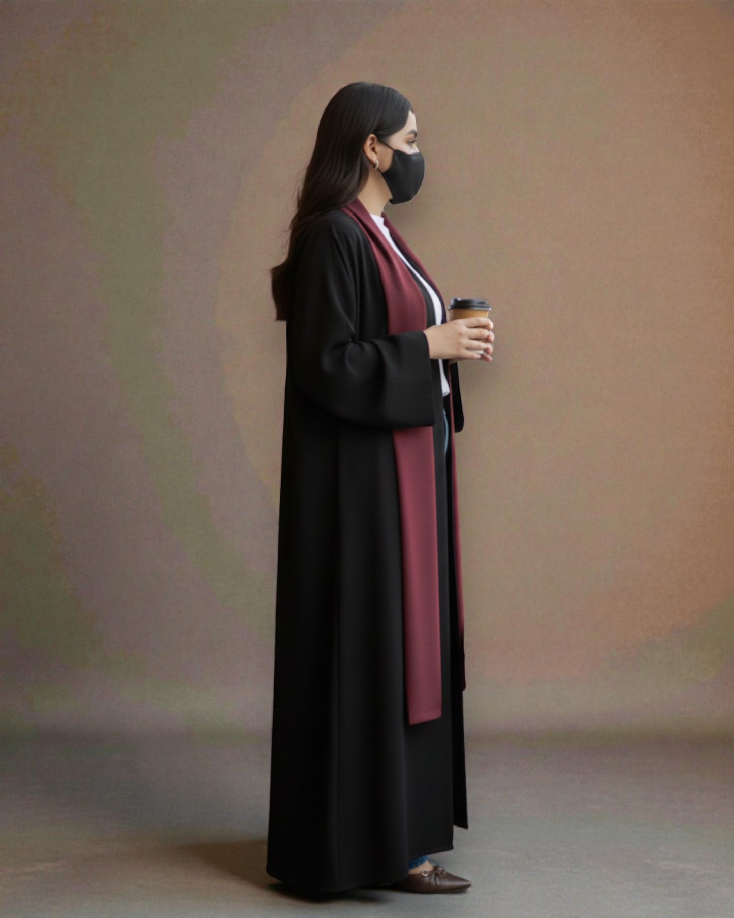 Shrug Like Abaya in Firdaus Fabric without Buttons - Contrast Color Panels - Side Pockets - Wide Sleeves - V-Neck - Complementary Hijab