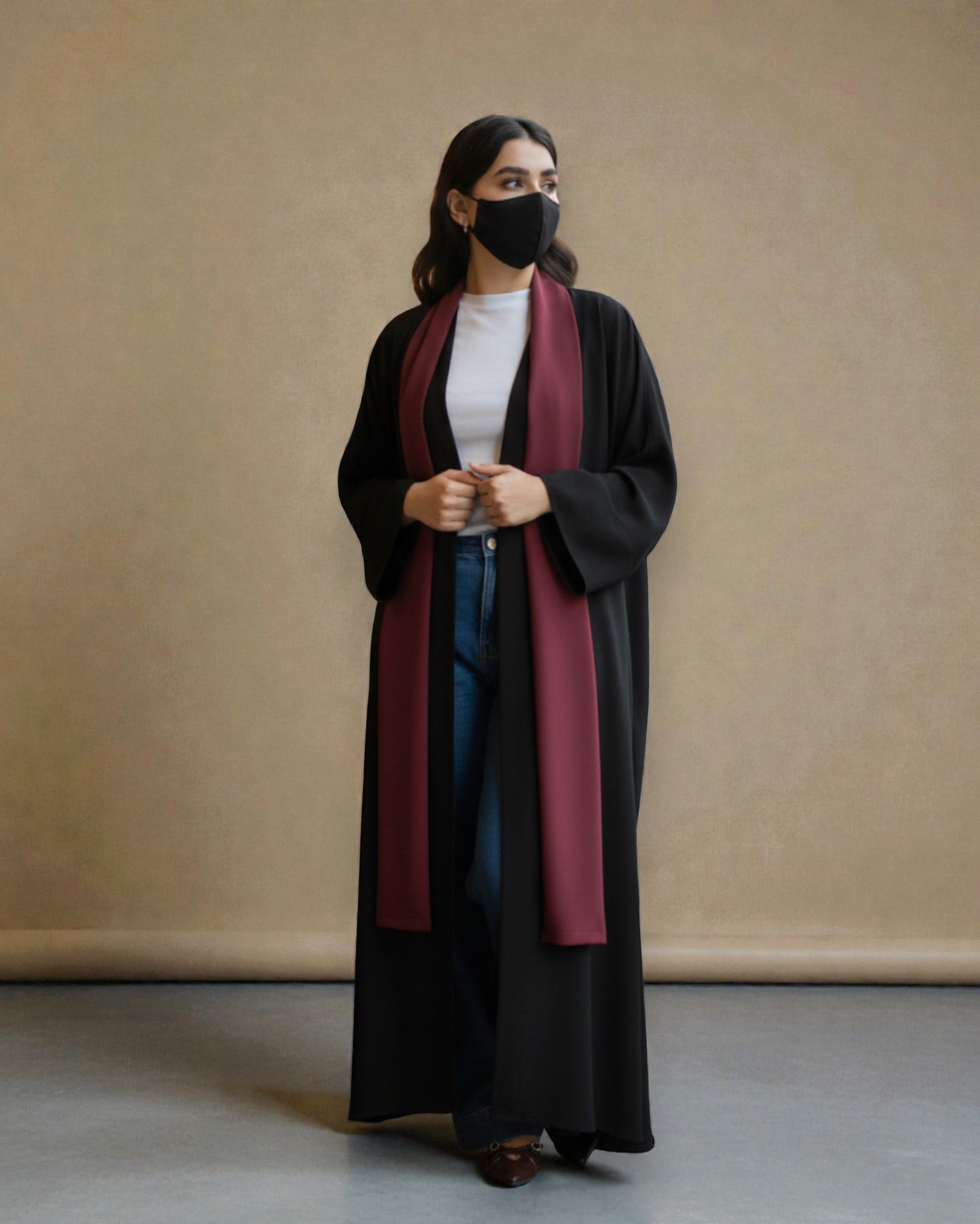 Shrug Like Abaya in Firdaus Fabric without Buttons - Contrast Color Panels - Side Pockets - Wide Sleeves - V-Neck - Complementary Hijab