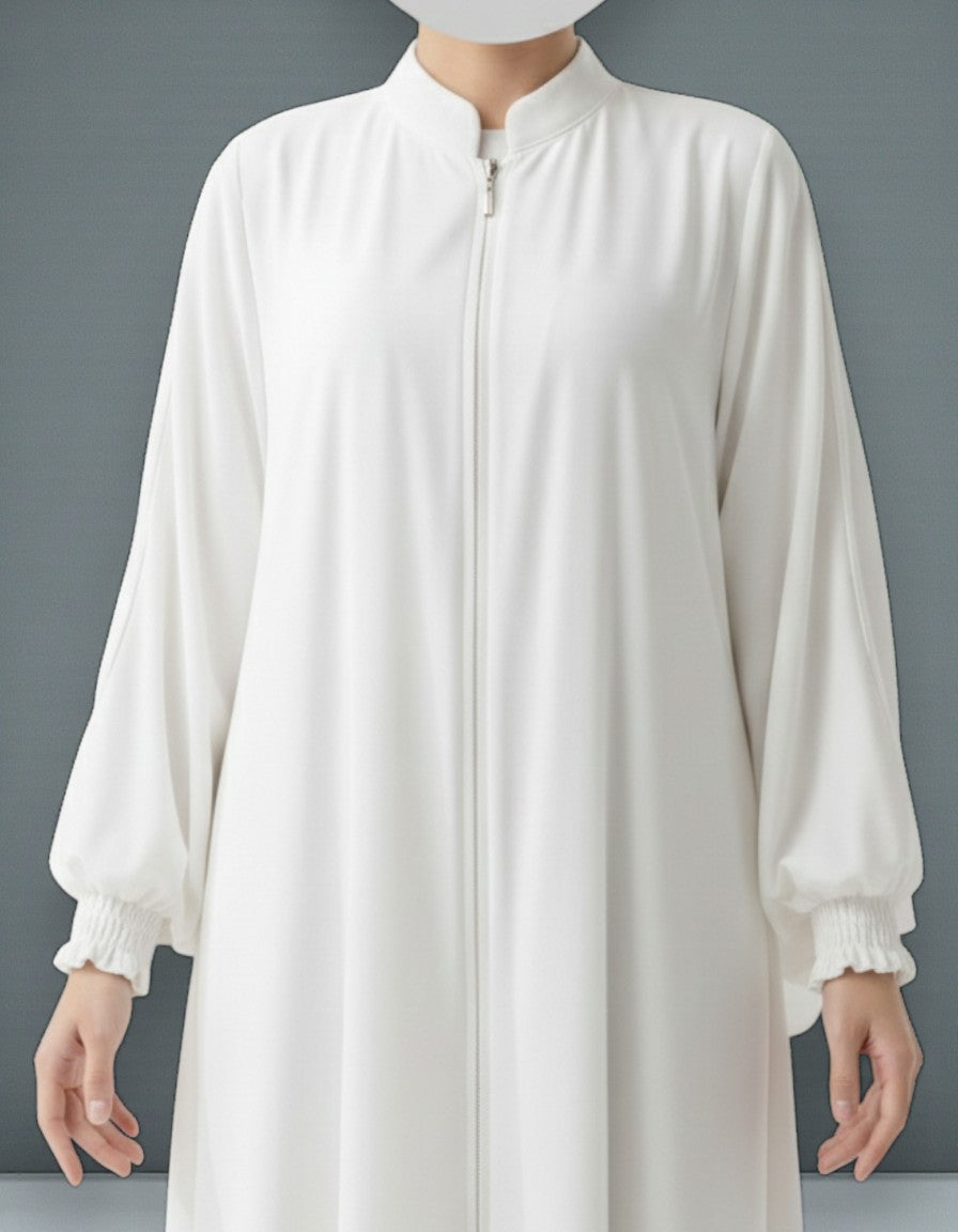 White Abaya With Hijab – Front Open Zipper Style