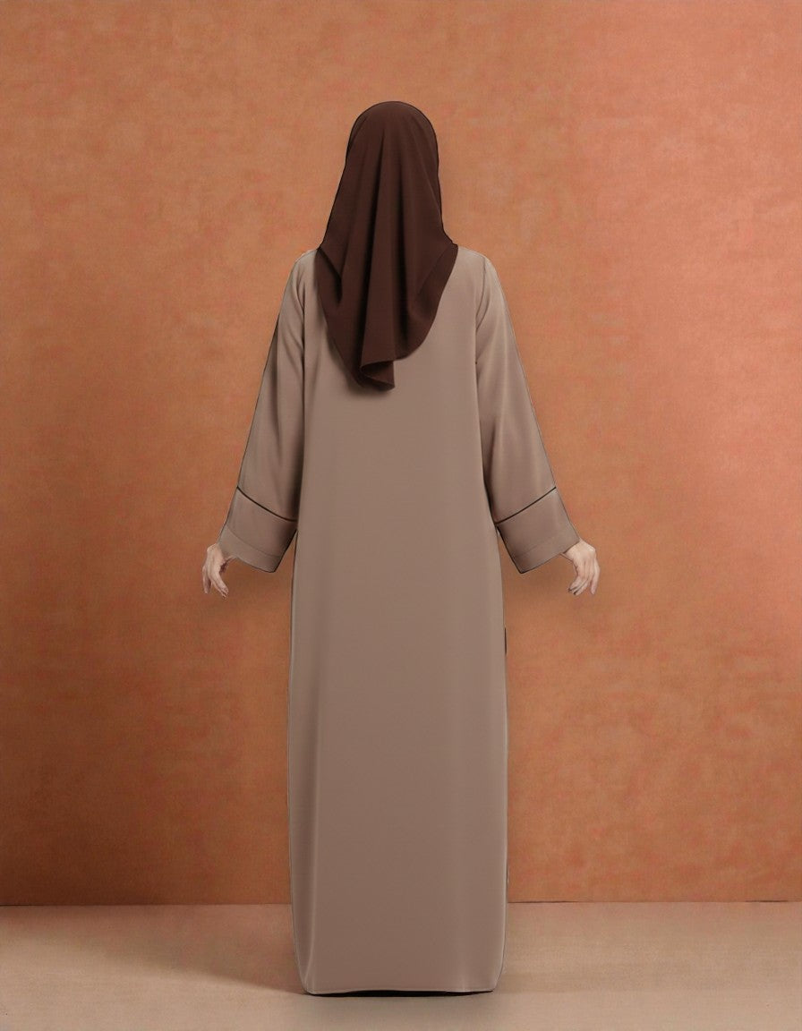 Closed Mahram Abaya with Piping Design and Beadwork in Premium Tiktok Fabric