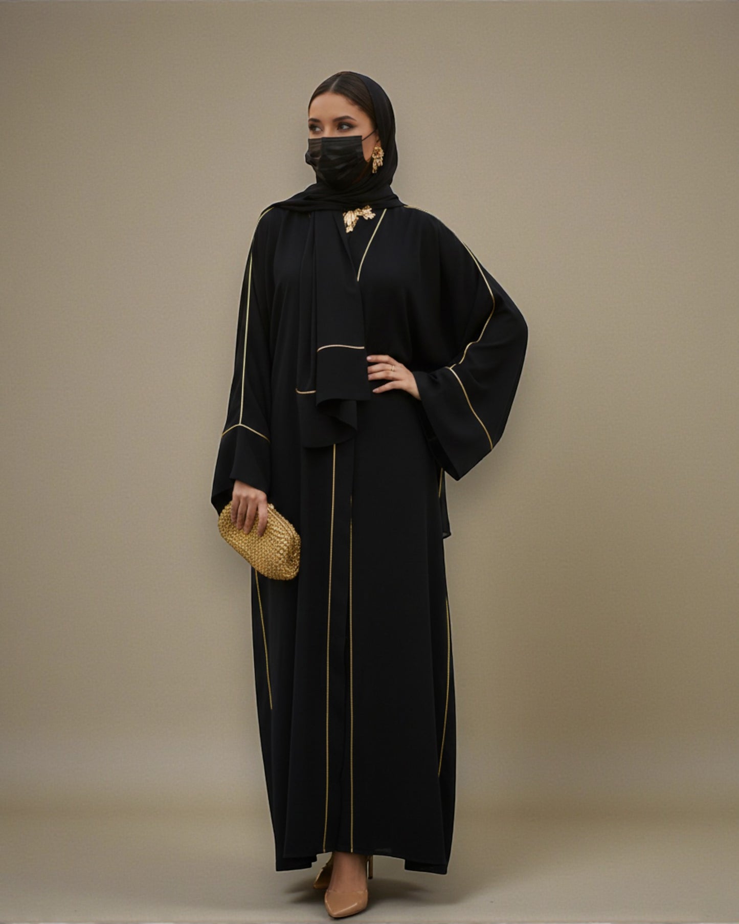 Front Open Abaya with Piping Design - Firdaus Fabric - Wide Sleeves with Contrast Piping - Side Pockets - Complementary Hijab