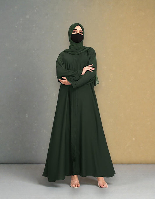 Front Open Abaya with Placket - Side Pockets - Regular Sleeves - Matching Hijab