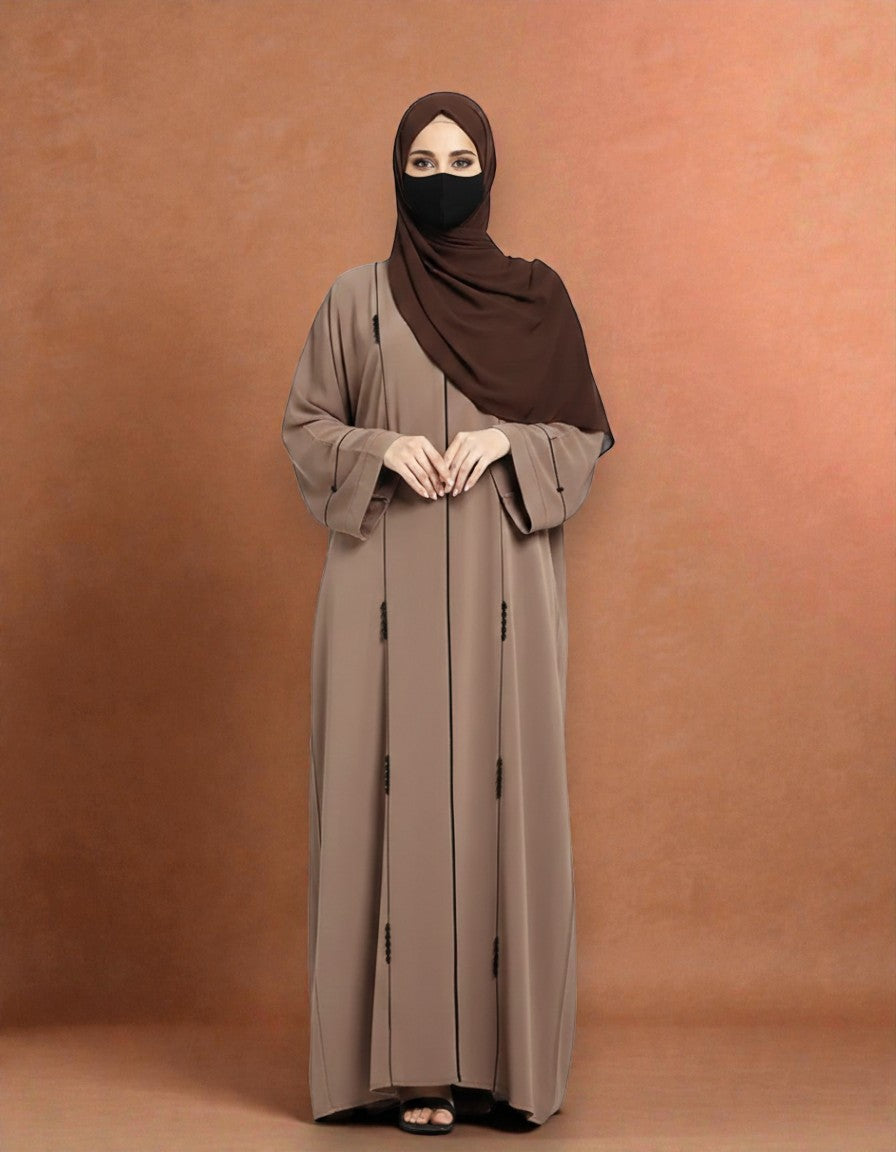 Closed Mahram Abaya with Piping Design and Beadwork in Premium Tiktok Fabric