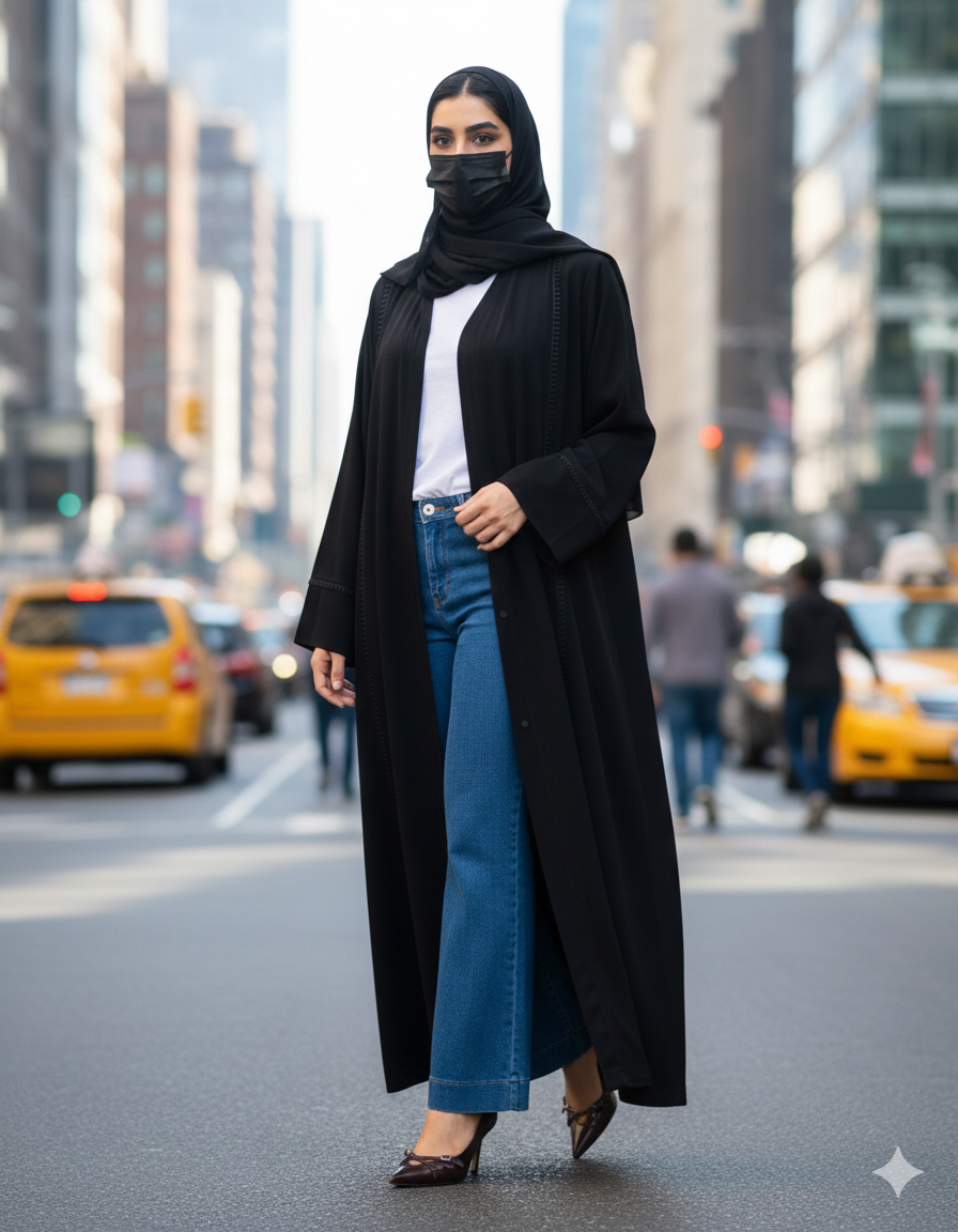 Front Open Abaya with Lacework - Firdaus Fabric - Wide Sleeves - Side Pockets - V Neck Design - Complementary Hijab