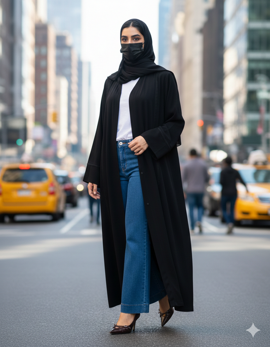 Front Open Abaya with Lacework - Firdaus Fabric - Wide Sleeves - Side Pockets - V Neck Design - Complementary Hijab