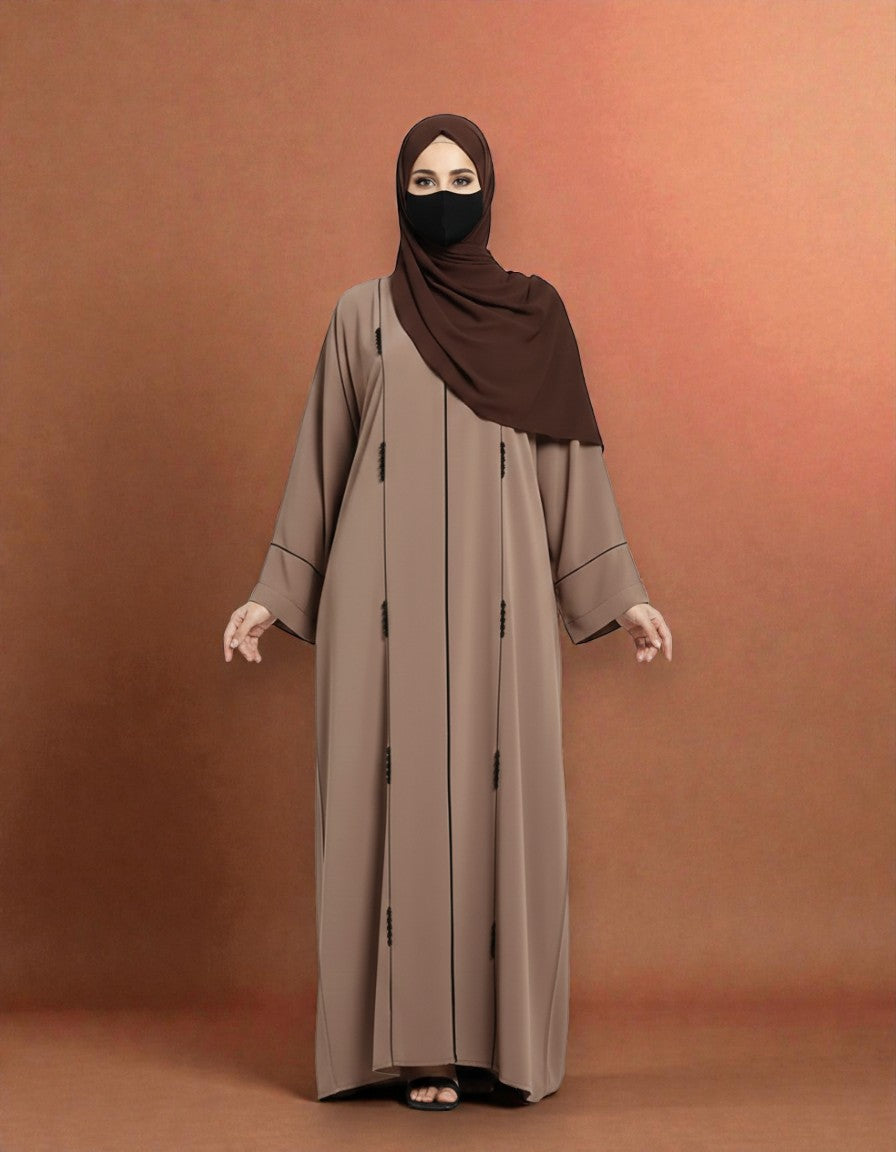 Closed Mahram Abaya with Piping Design and Beadwork in Premium Tiktok Fabric