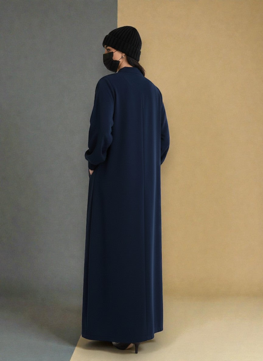 Front Open Abaya with Full Zipper in Firdaus Fabric - Elasticated Sleeves - Side Pockets - Complementary Hijab