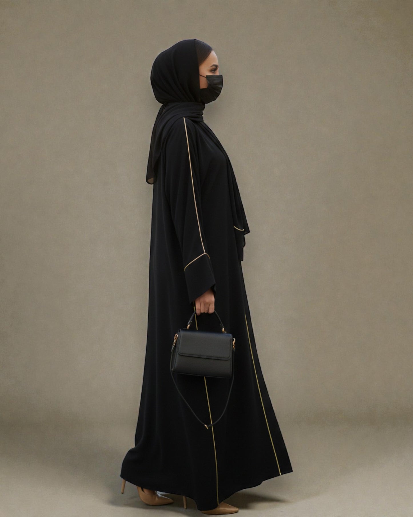 Front Open Abaya with Piping Design - Firdaus Fabric - Wide Sleeves with Contrast Piping - Side Pockets - Complementary Hijab
