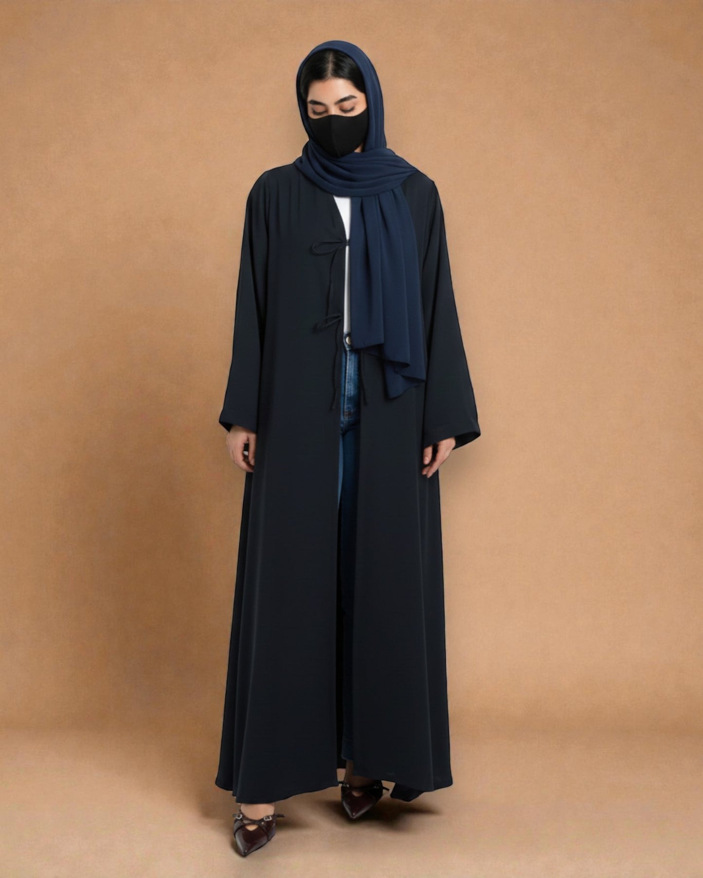 Shrug Like Abaya in Firdaus Fabric without Buttons - Ribbons to Tie and Close - Side Pockets - Wide Sleeves - V-Neck - Complementary Hijab