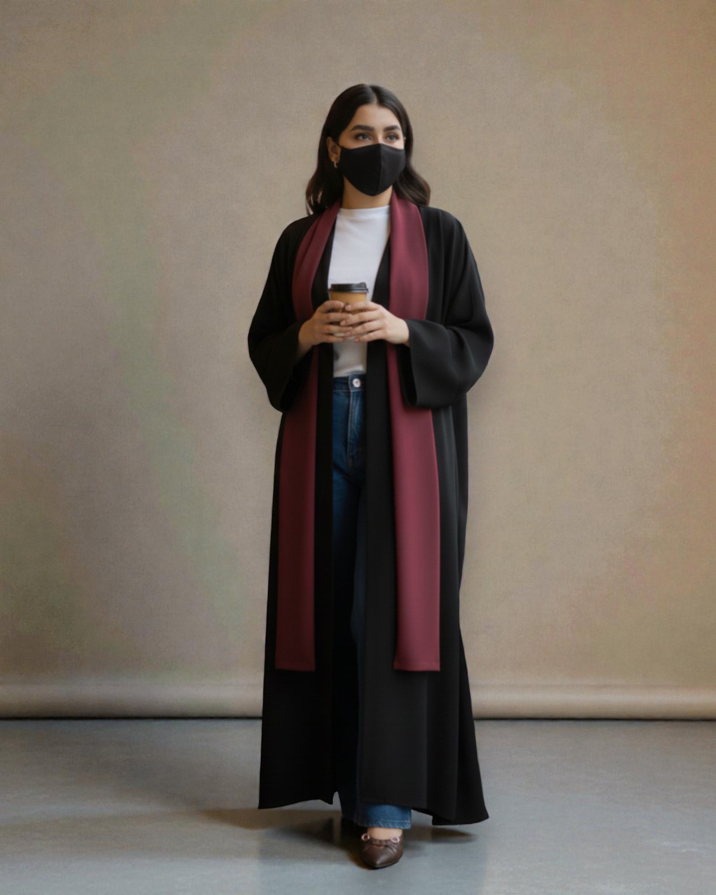 Shrug Like Abaya in Firdaus Fabric without Buttons - Contrast Color Panels - Side Pockets - Wide Sleeves - V-Neck - Complementary Hijab