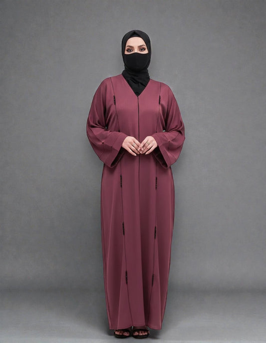 Closed Mahram Abaya with Piping Design and Beadwork in Premium Tiktok Fabric