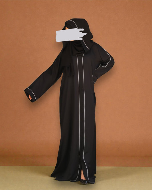 Front Open Abaya in Firdaus Fabric with Contrast Detailing, Wide Sleeves, V-Neck & Side Pockets
