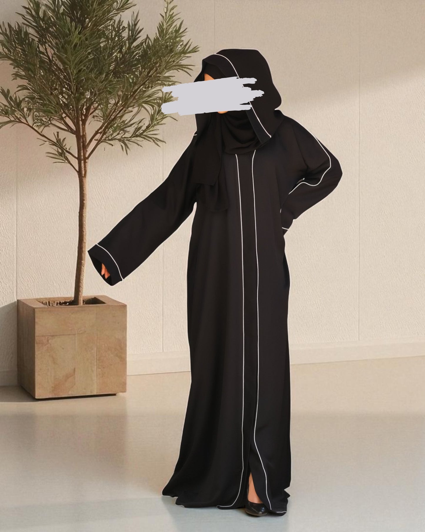Front Open Abaya in Firdaus Fabric with Contrast Detailing, Wide Sleeves, V-Neck & Side Pockets
